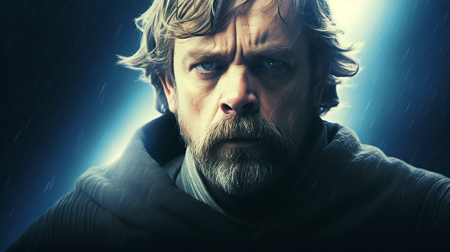 Intense Luke Skywalker portrait in war-torn city.