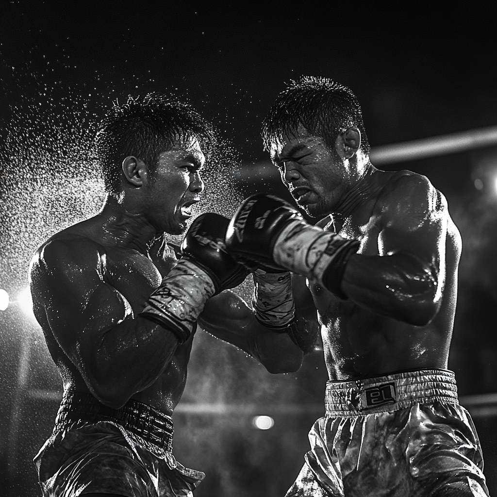 Intense Muay Thai Fight: Dynamic Strike, Fighter Expressions