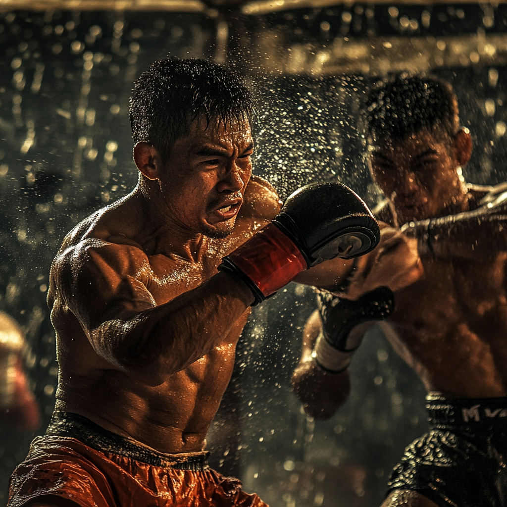 Intense Muay Thai fight with traditional attire and audience reaction.