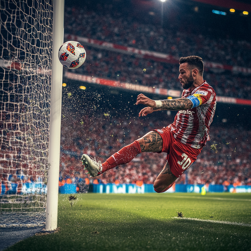 Intense Soccer Player Shooting Goal with Cheering Fans