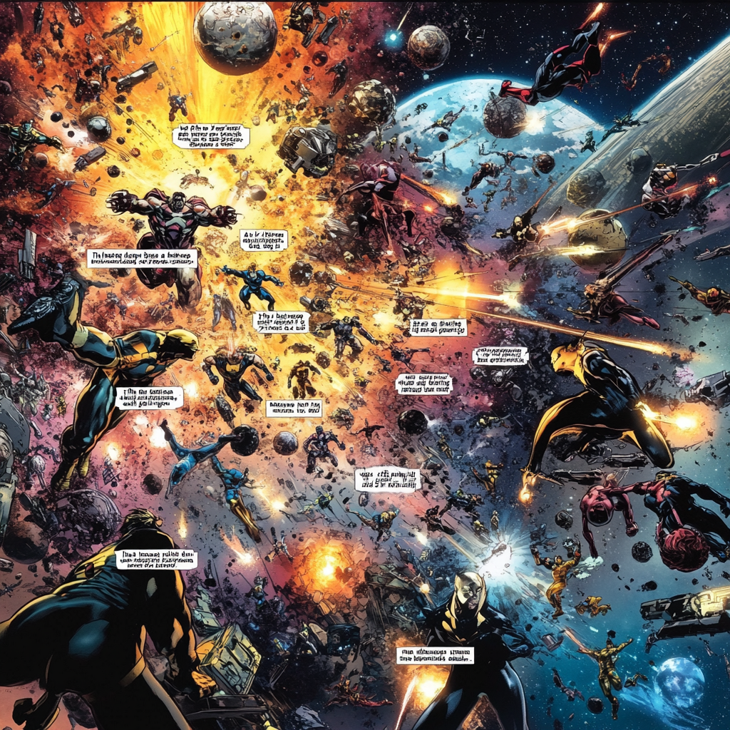 Intense X-Men battle in dystopian future space environment.