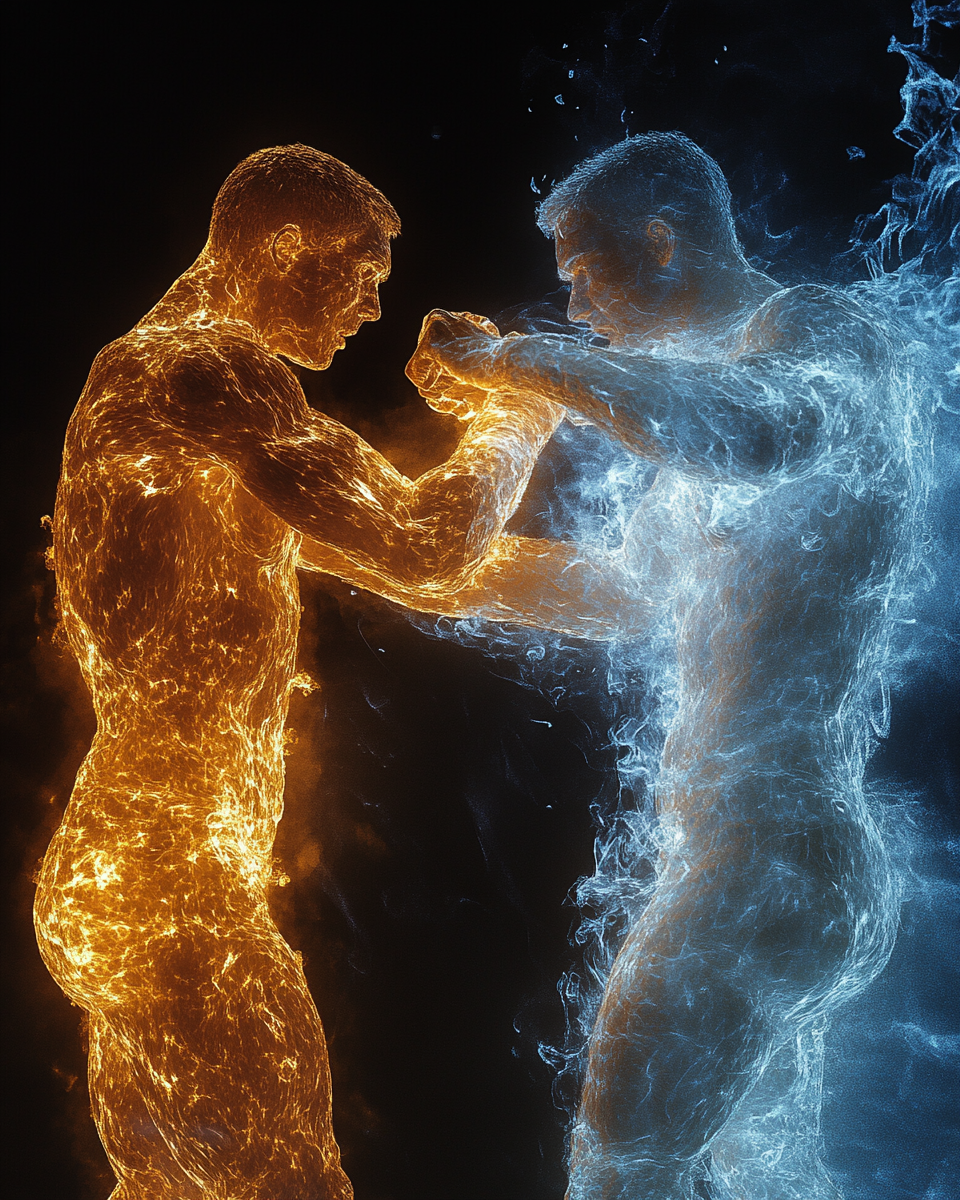 Intense close-up of two people exchanging punches furiously.