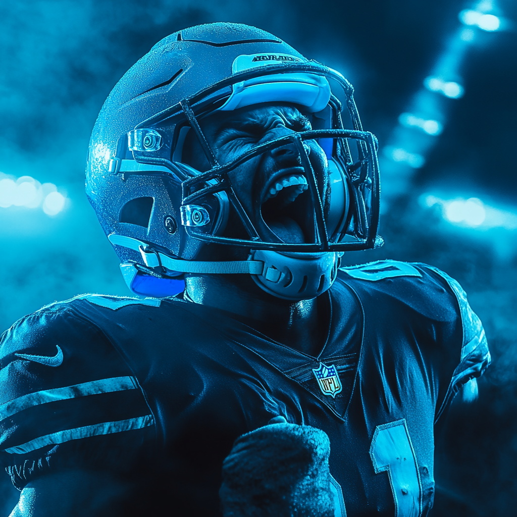 Intense football player in neon lights with fog.