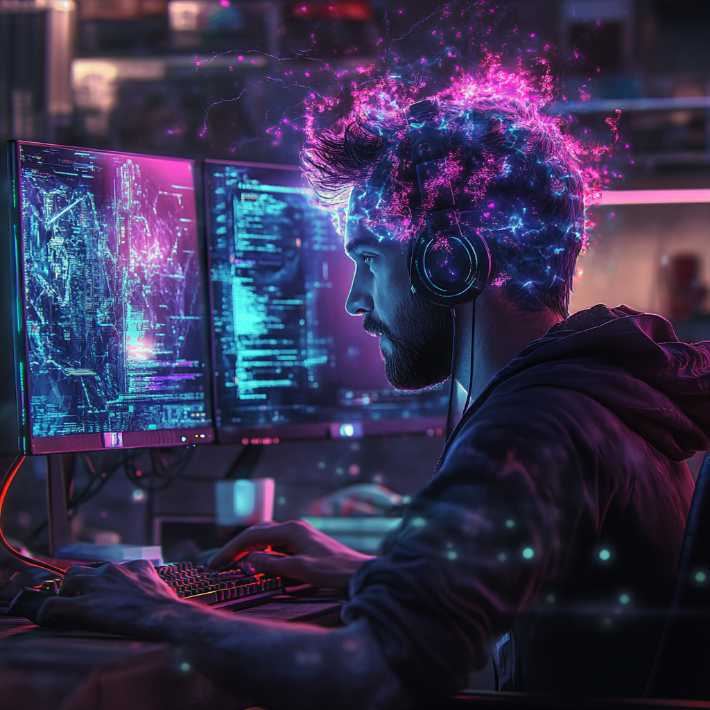 Intense gamer in immersive setup with glowing neon lights.