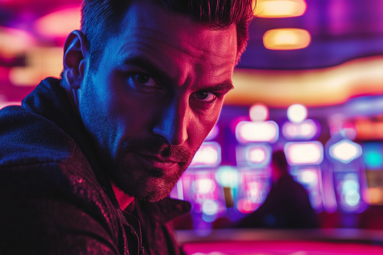 Intense man in casino, shadowy figure at poker table.