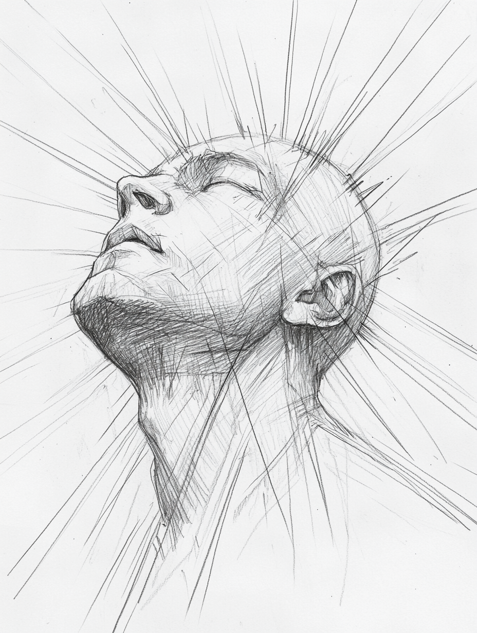 Intense pencil sketch figure alive, gazing skyward.