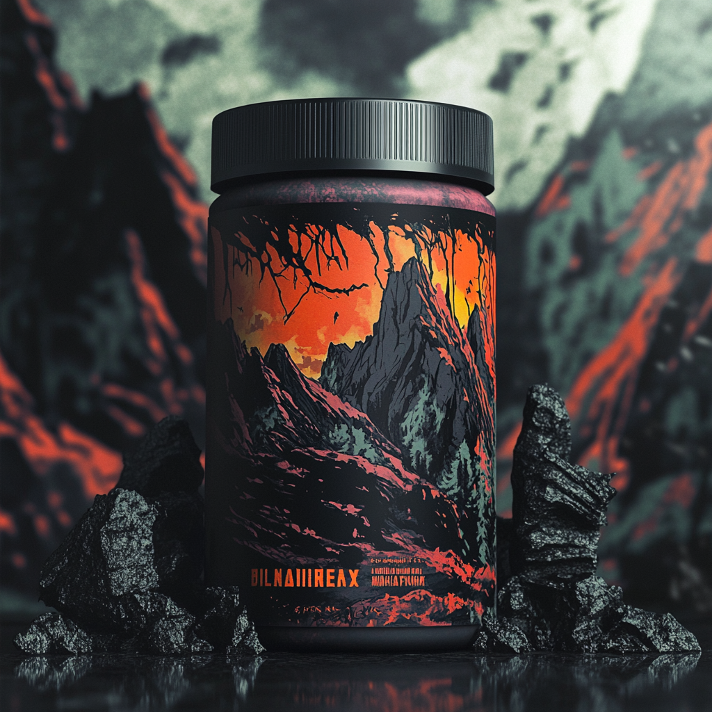 Intense post-apocalyptic pre-workout label highlighting primal strength.