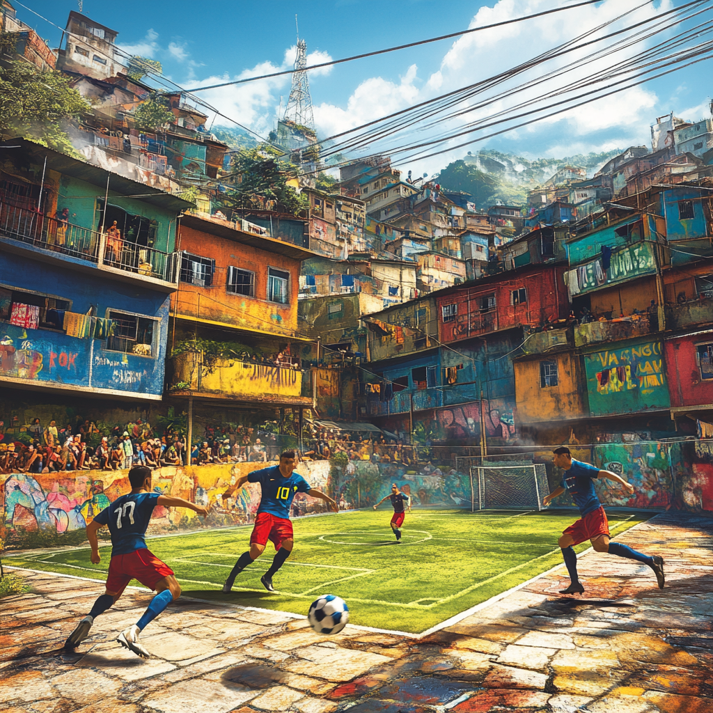 Intense street football match in Brazilian favela