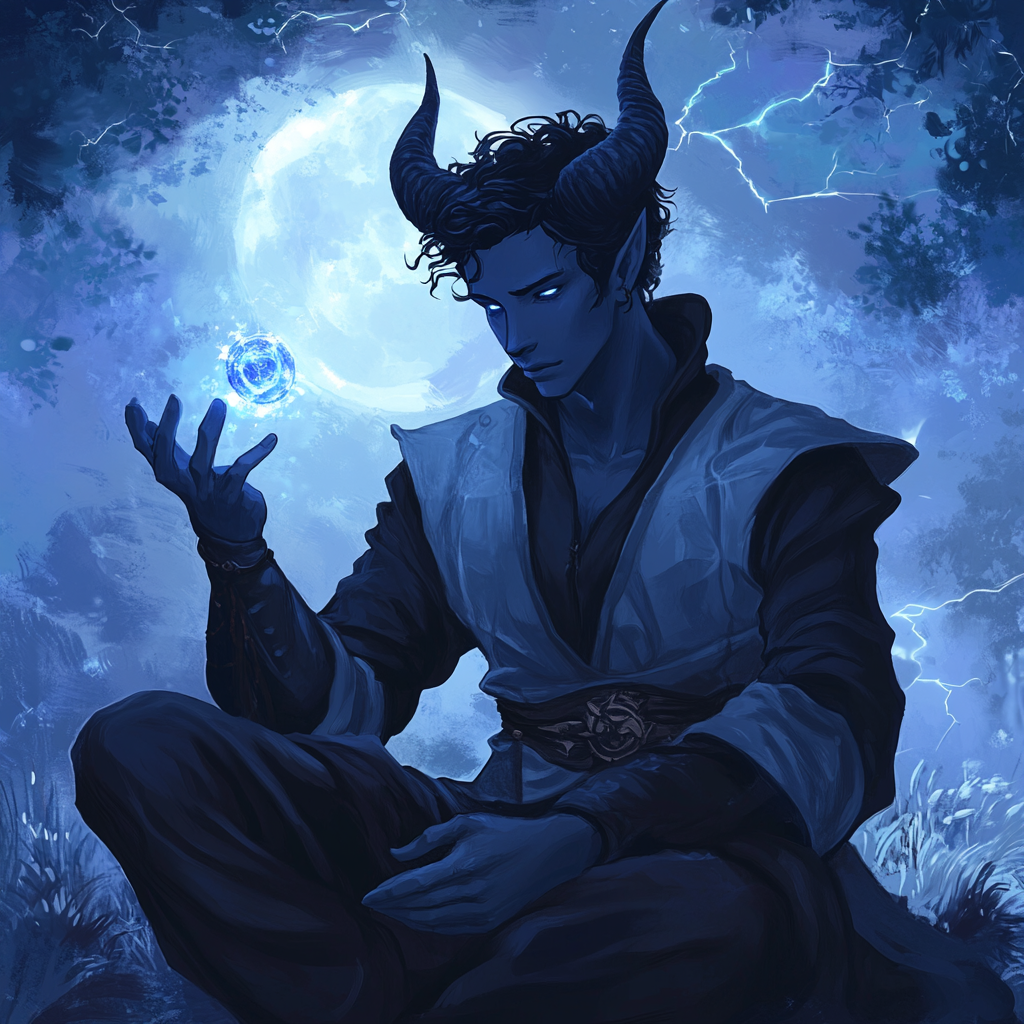 Intense tiefling storm sorcerer under moonlit sky with orb.