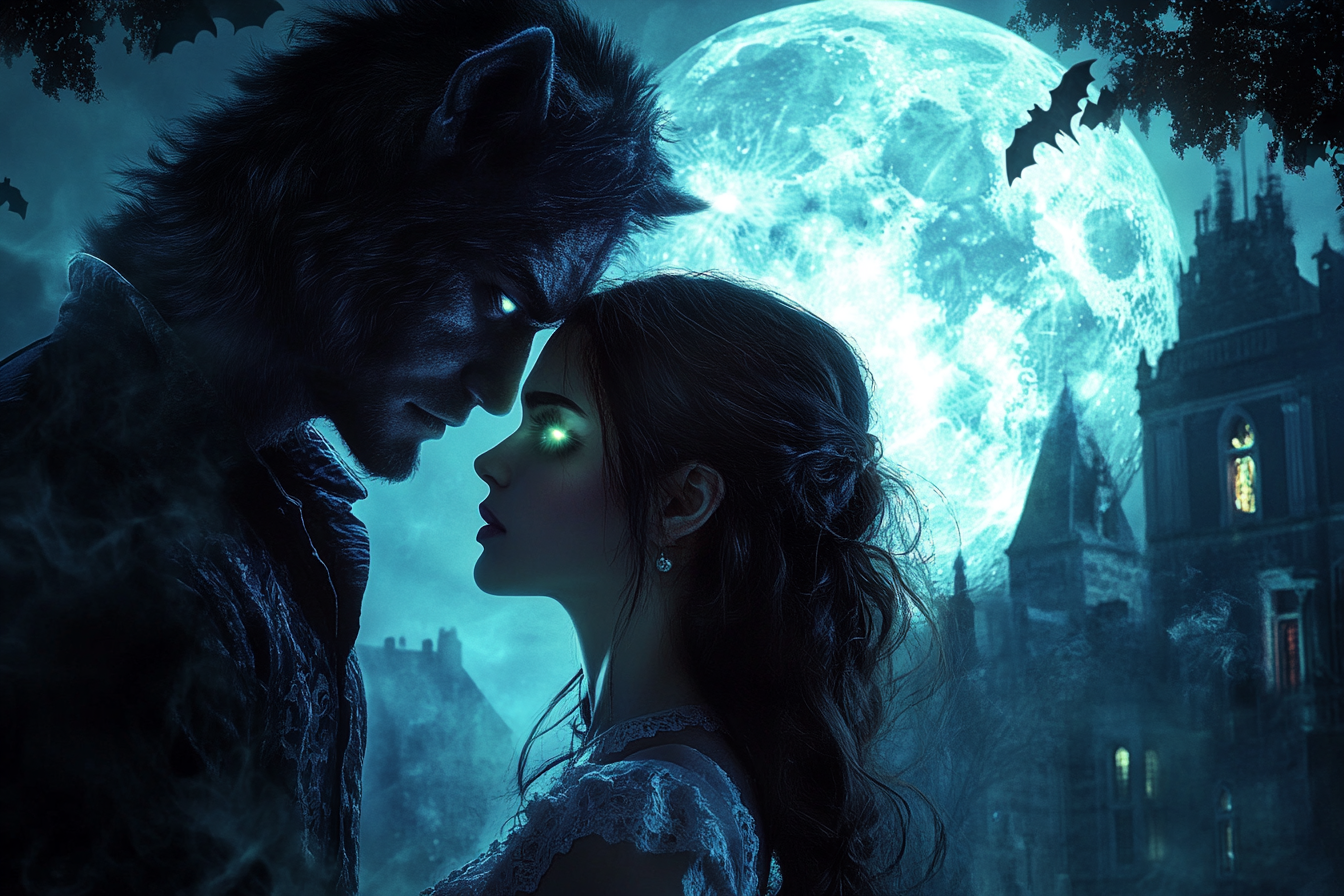 Intense vampire and werewolf stand together under full moon.