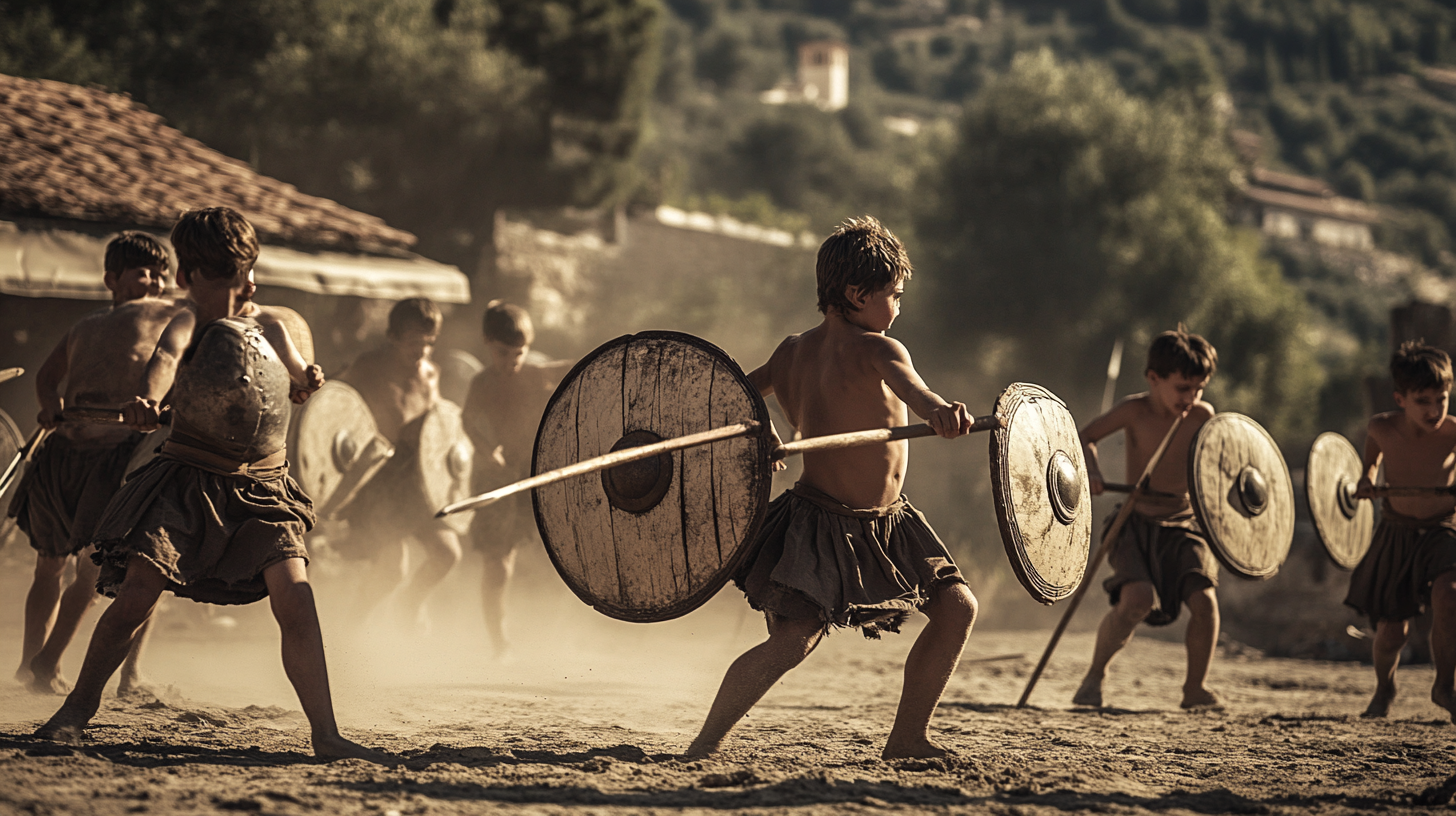 Intense warrior discipline in ancient Greek village training.