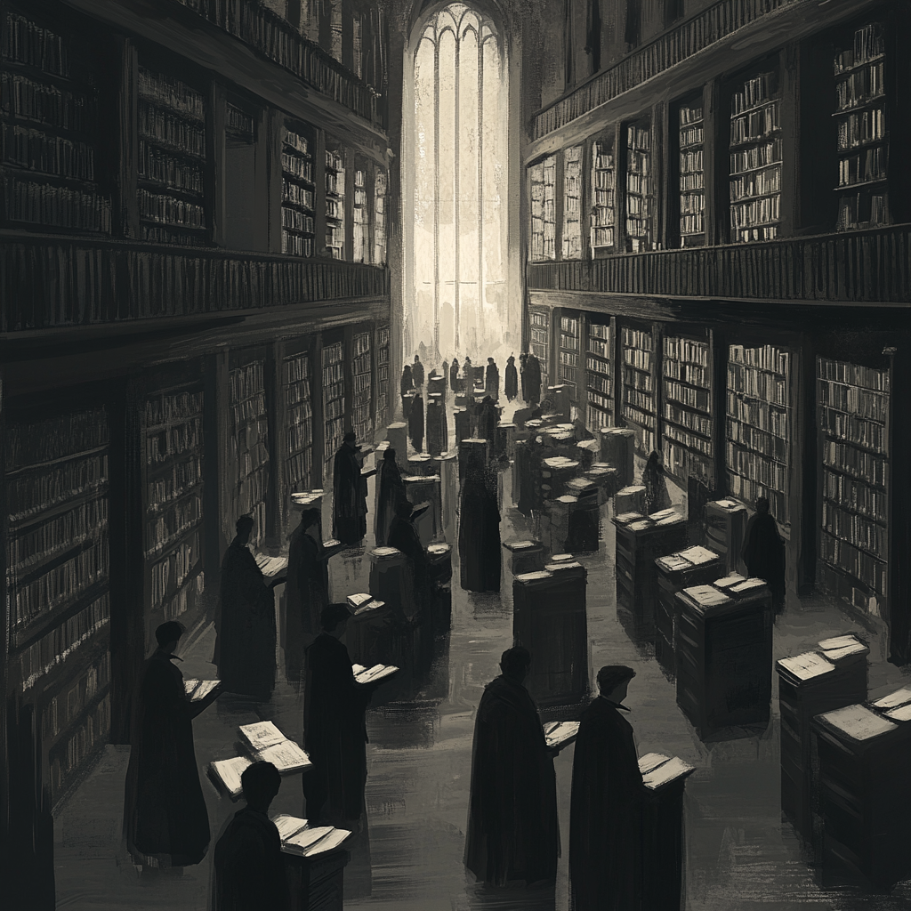 Intensely focused students in grey library with tall shelves.