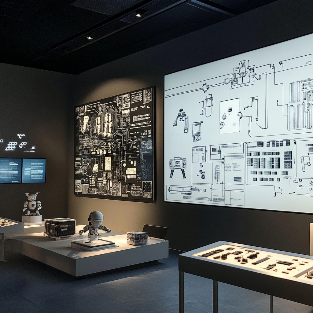 Interactive AI History Exhibit with Vintage Tech Display