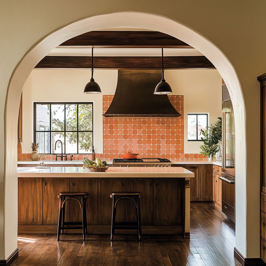 Interior bungalow kitchen with arch into living room