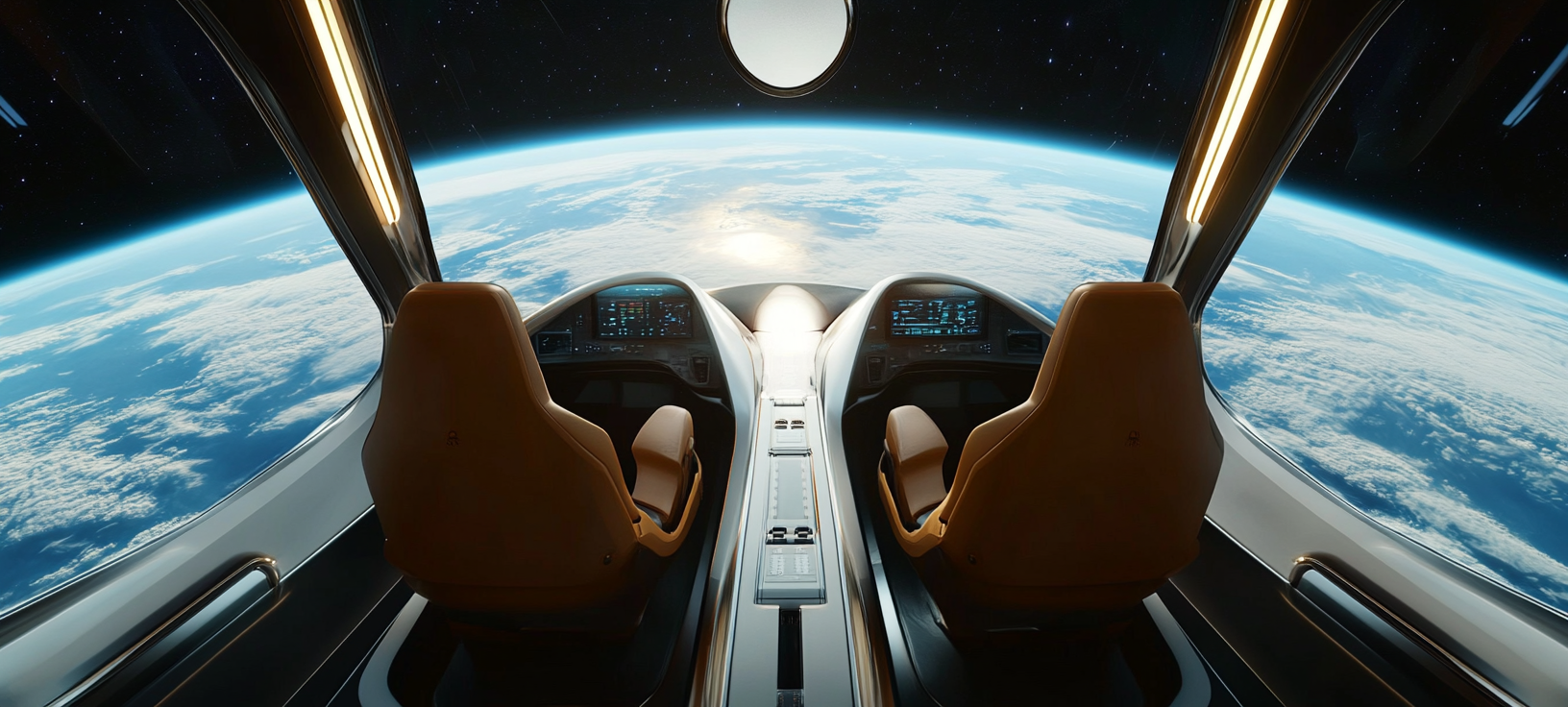 Interior cockpit view of futuristic personal spaceship flying. Ultra realistic.