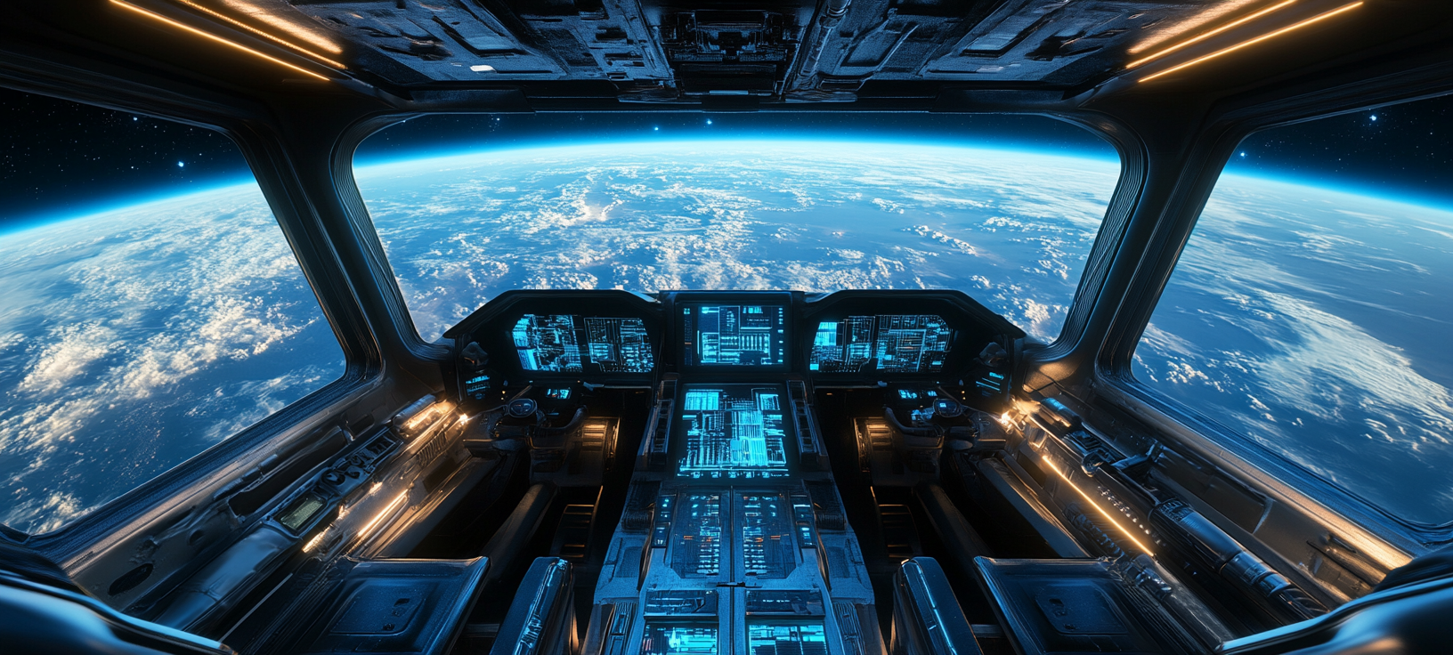 Interior cockpit view of futuristic spaceship flying over alien planet.