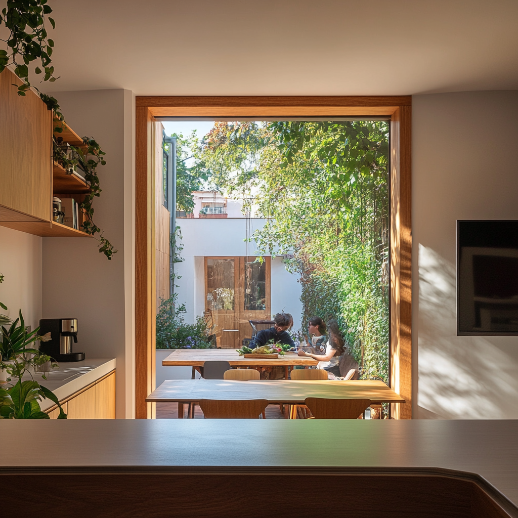 Interior de casa con ventana grande, vegetación y personas.