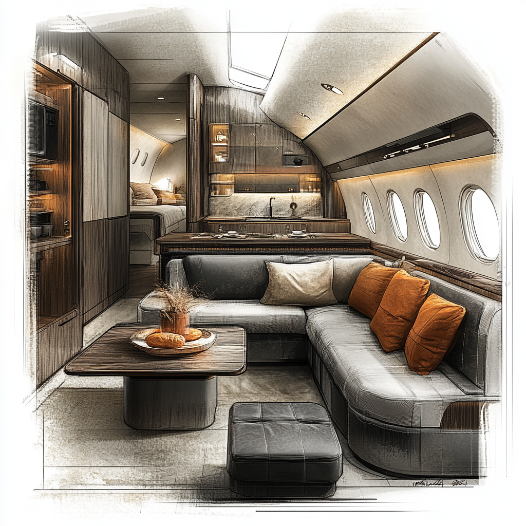 Interior design drawings of luxurious private jet kitchen.