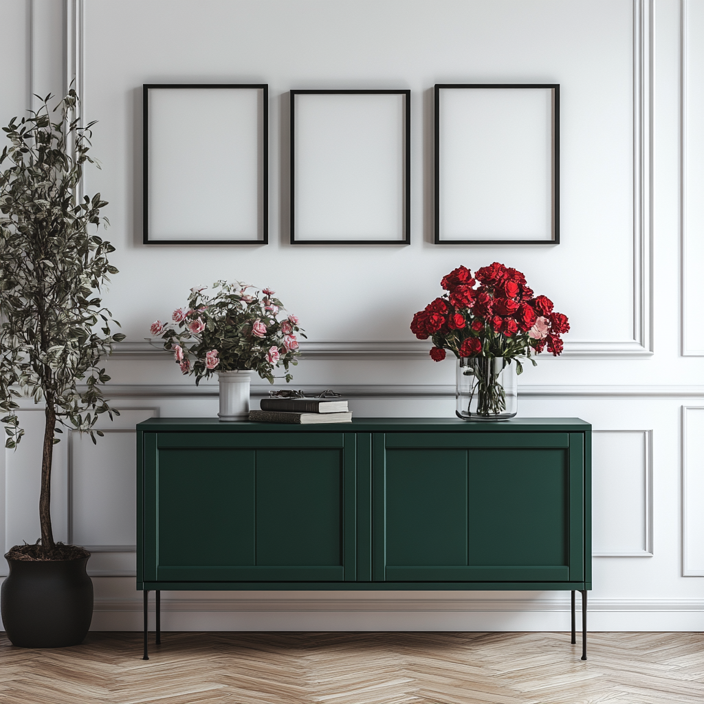 Interior design image of white wall with cabinet and frames.