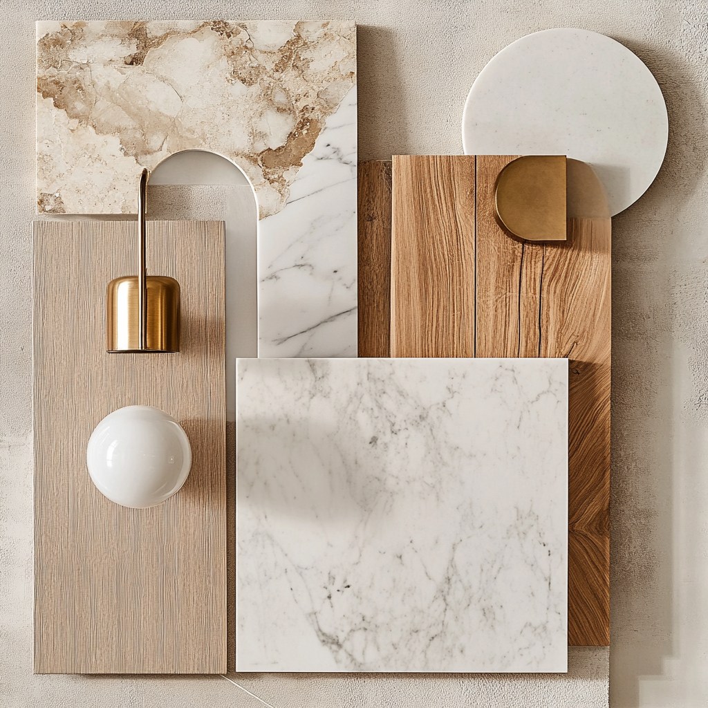 Interior design mood board with marble, wood, and gold