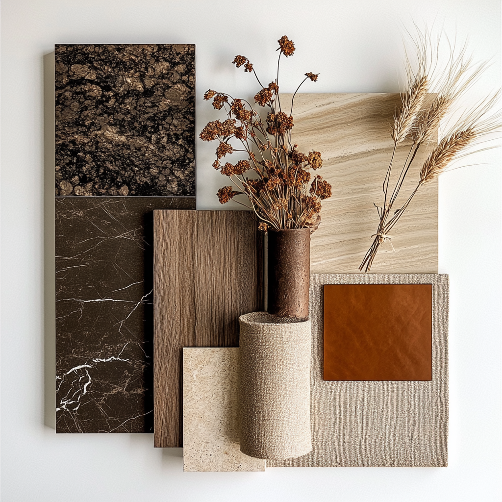 Interior design moodboard with light wood, leather, marble, cloth