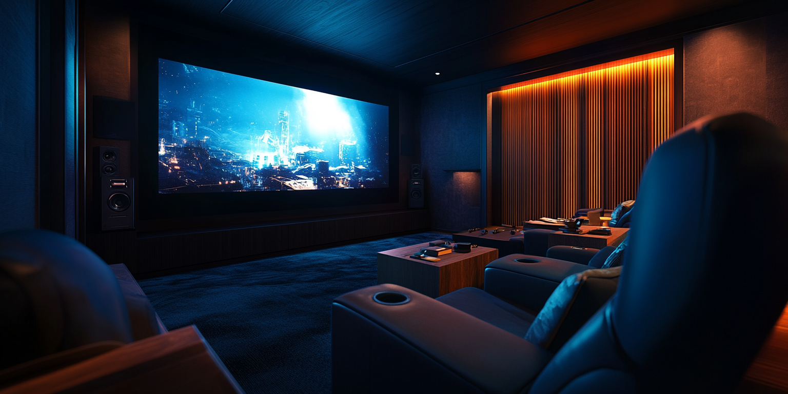 Interior design photography of high-end home cinema room.