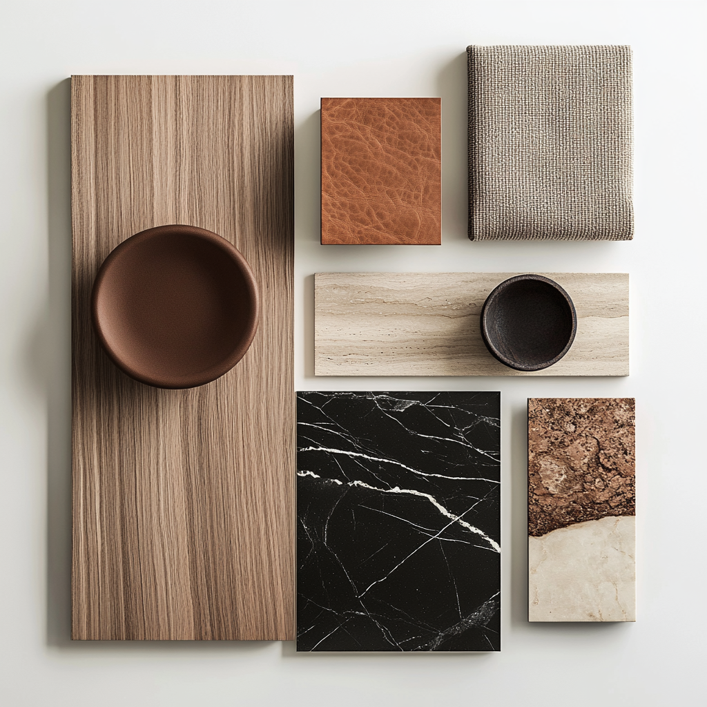 Interior design project moodboard: light wood, dark leather, marble.