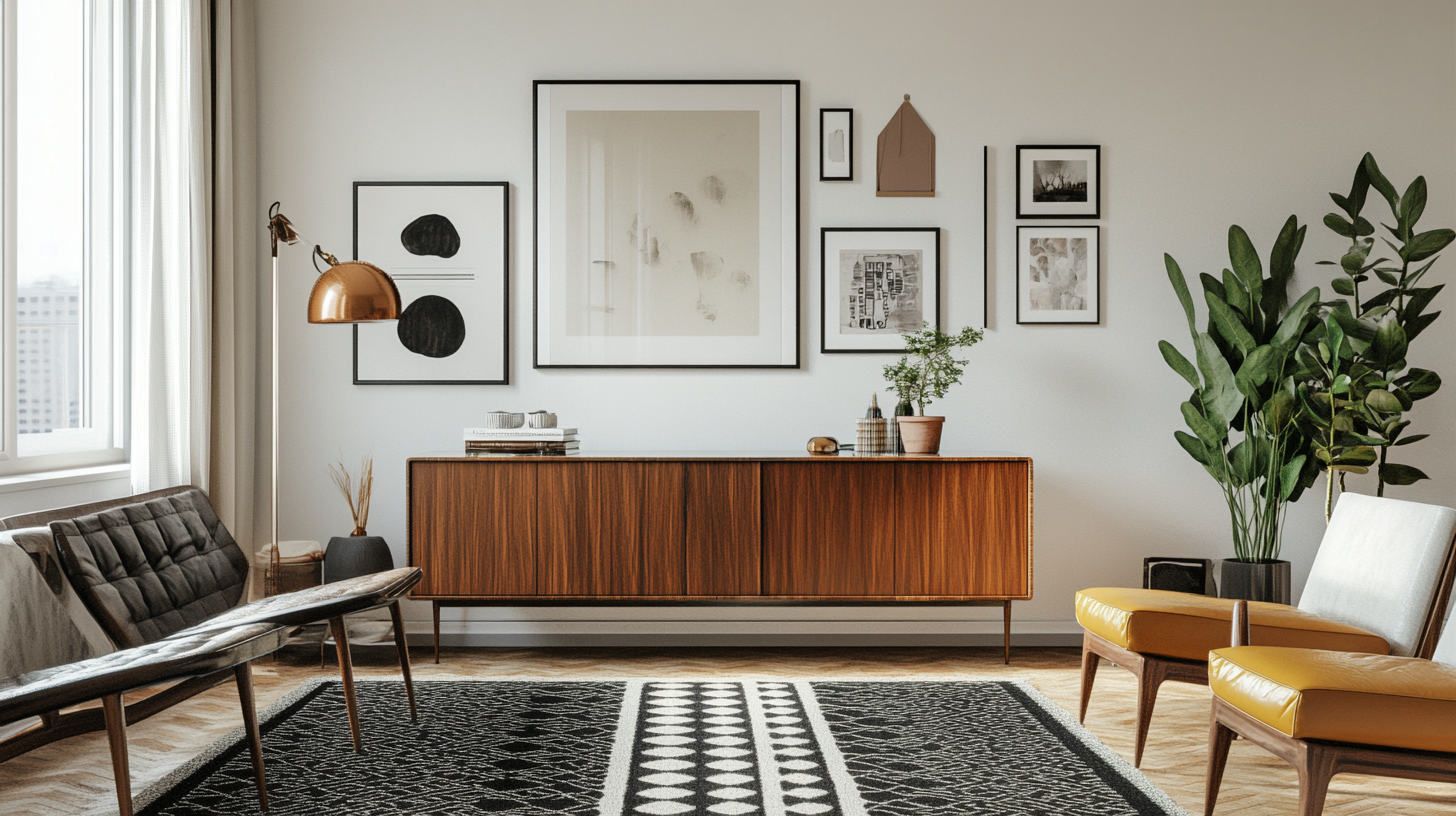 Interior design with white walls, framed art, wood sideboard, rug, plants.