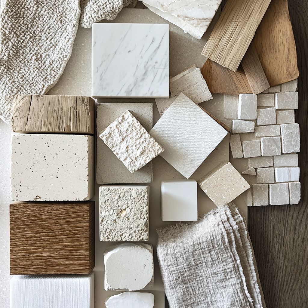 Interior design worksurface: limestone, brick, fabrics, wood samples.