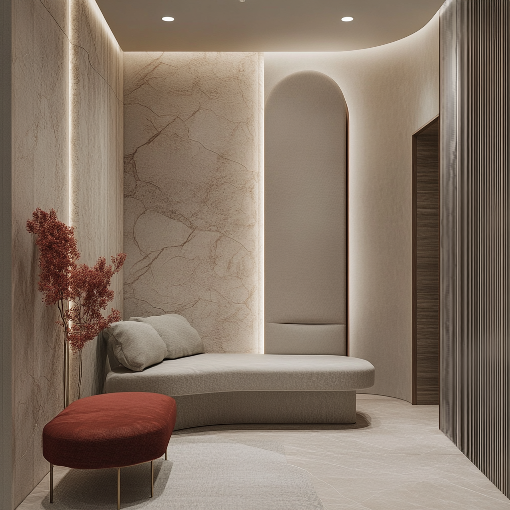 Interior design: clinic with beige grey walls, glass stone, red textile, inspired by Harry Nuriev and Kelly Weastler.