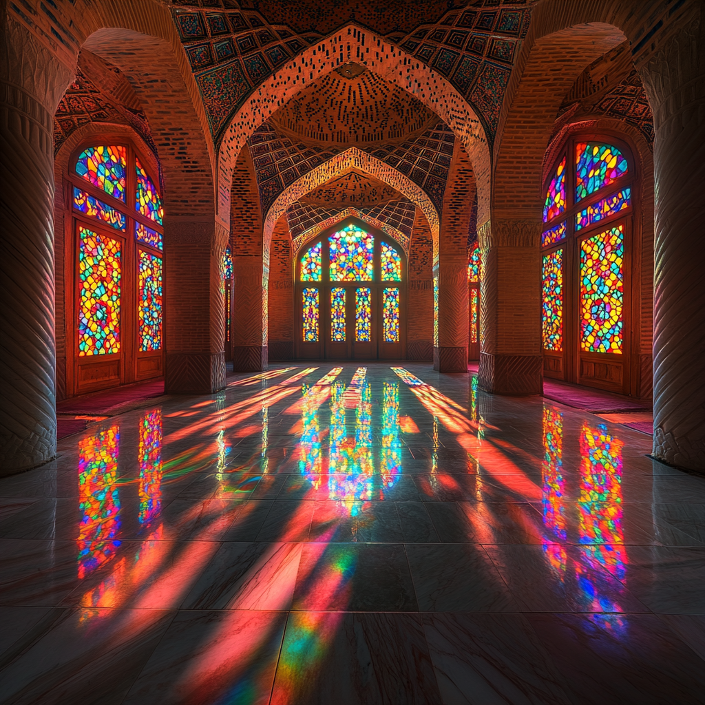 Interior of Iranian mosque with stained-glass windows and sunlight.