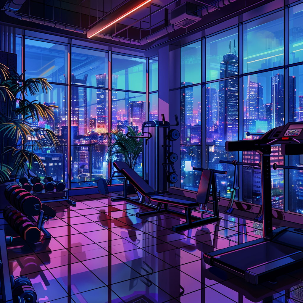 Interior of Spacious Gym with Neon Lights