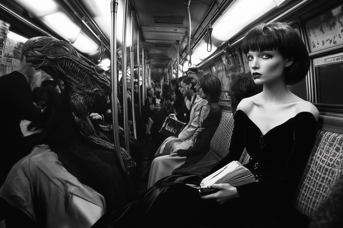 Interior of crowded subway with fashion models, xenomorphs