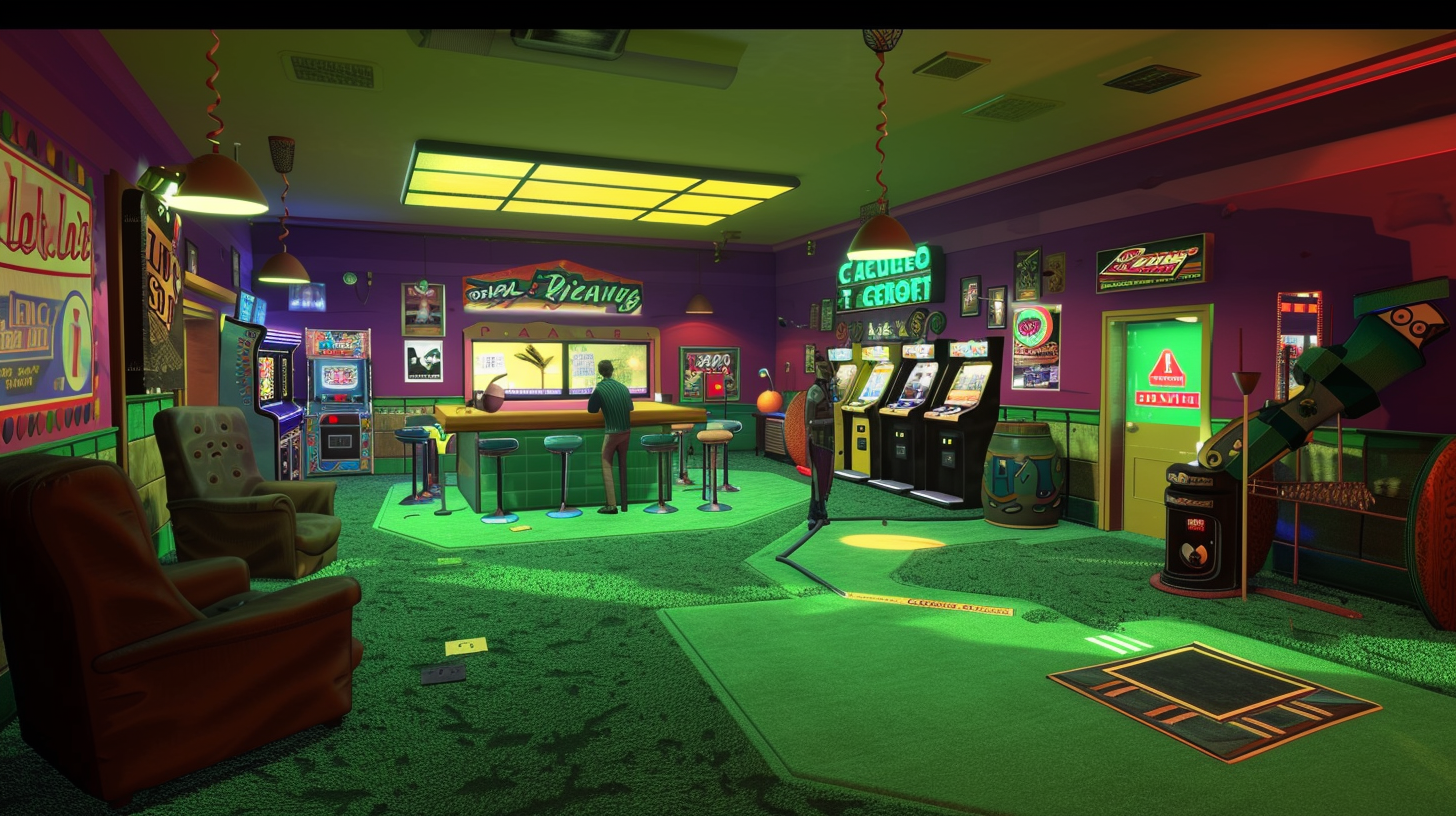 Interior of golf-themed fun clubhouse with avatars socializing.