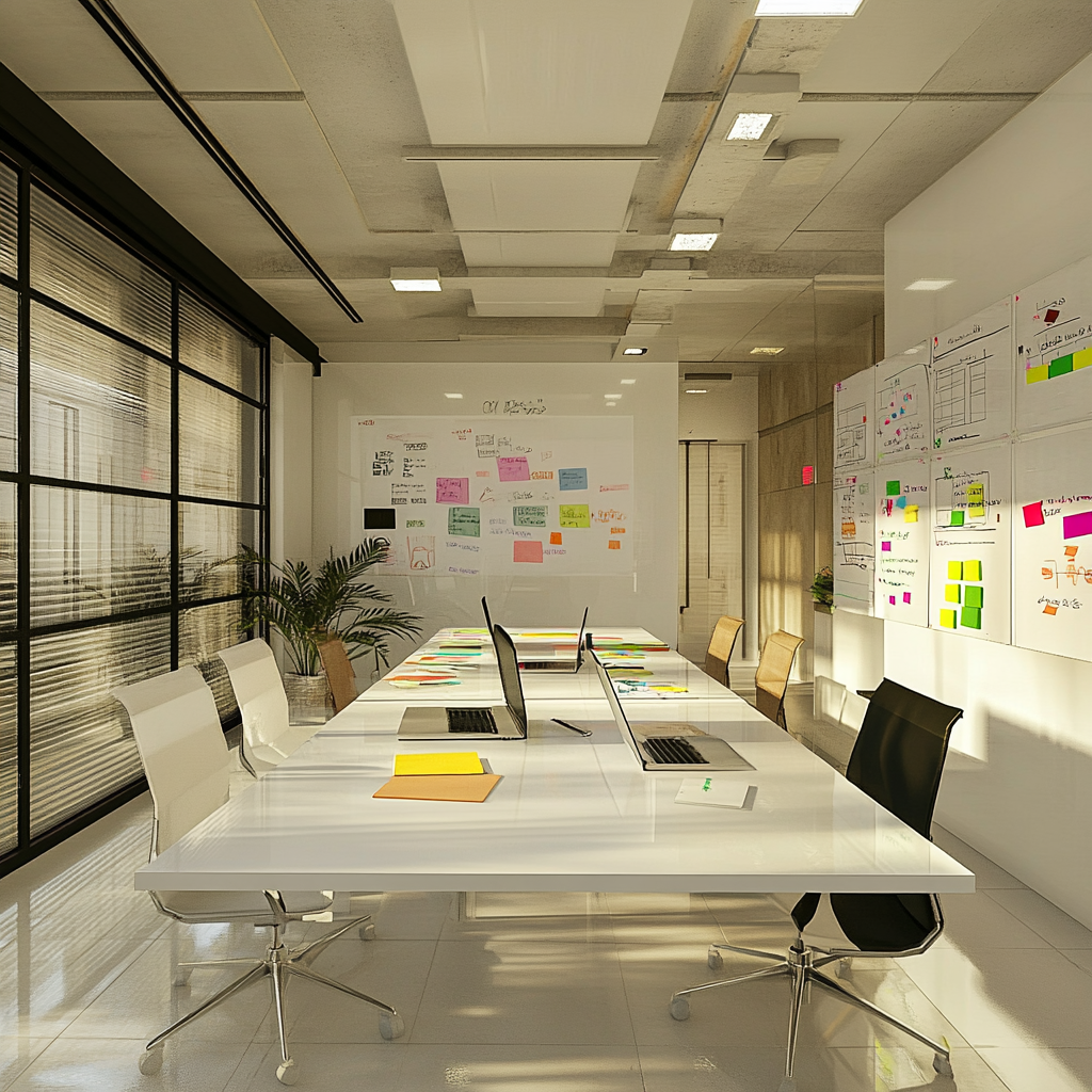 Interior of modern conference room with white and green boards.