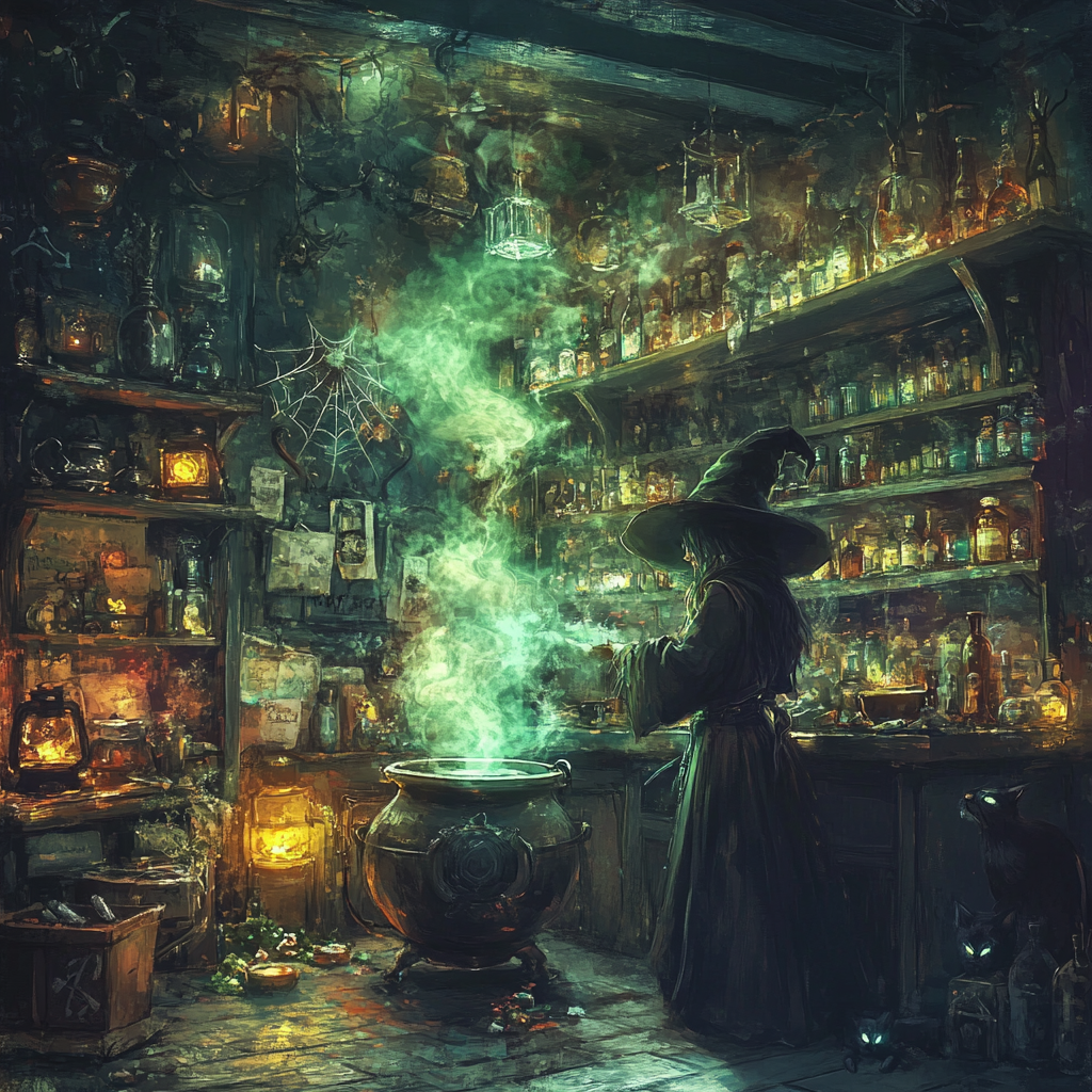 Interior of potion shop with bubbling potions and crystals.