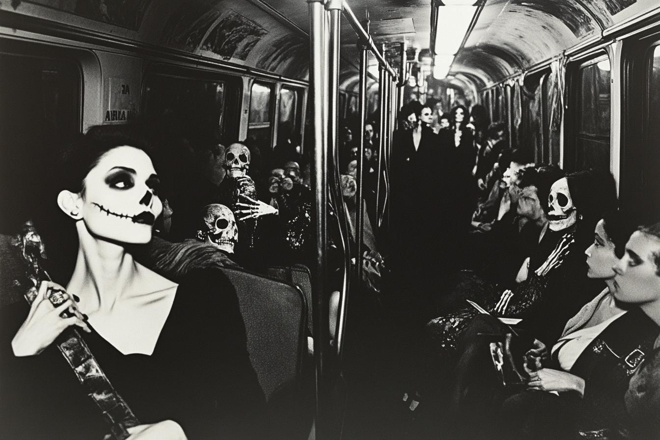 Interior of subway with fashion models and skeletons.