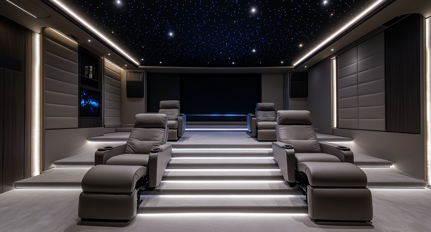 Interior photo of home cinema with starry ceiling, leather chairs, LED lights, large screen.