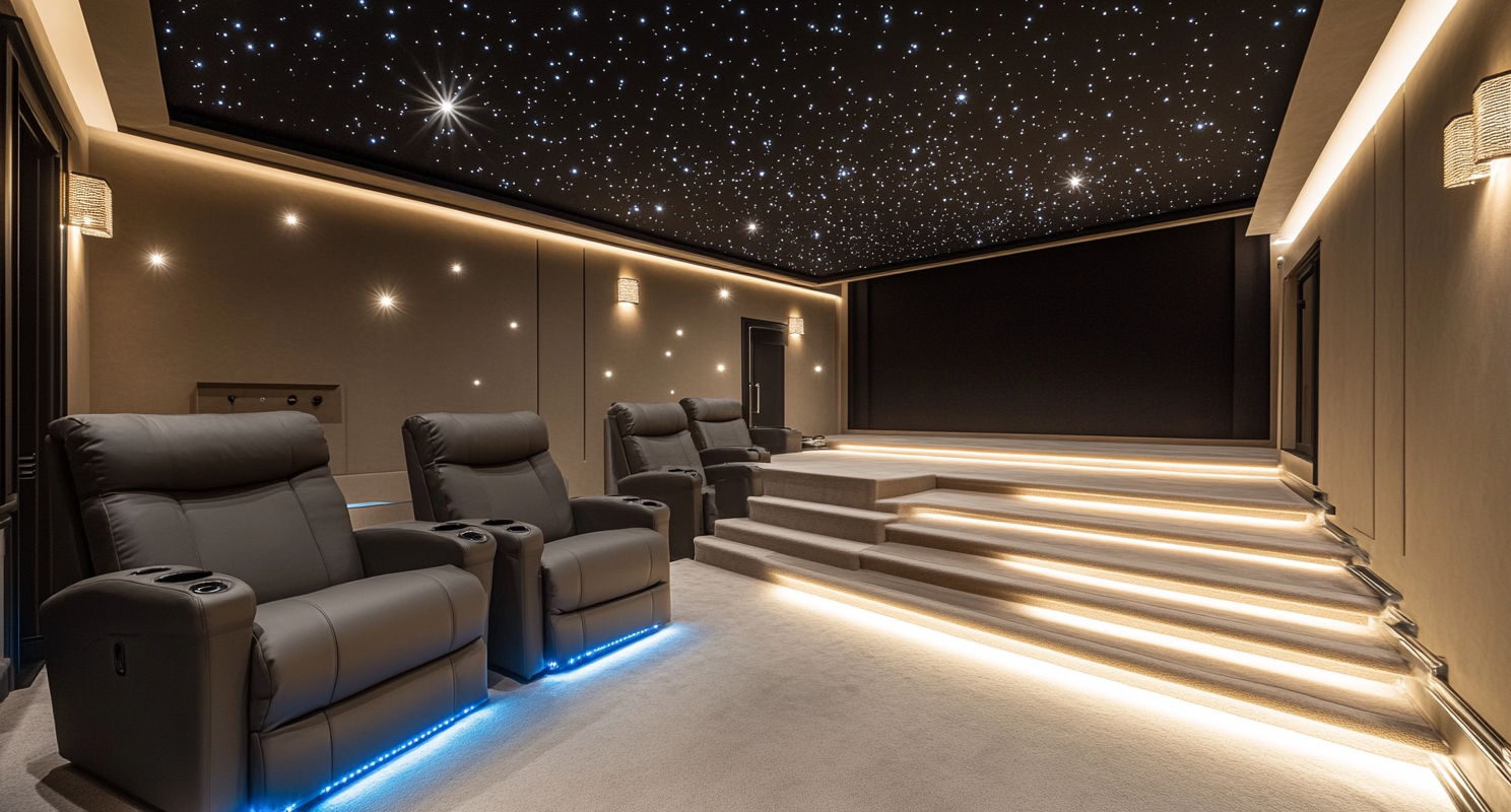 Interior photo of luxurious home cinema room.