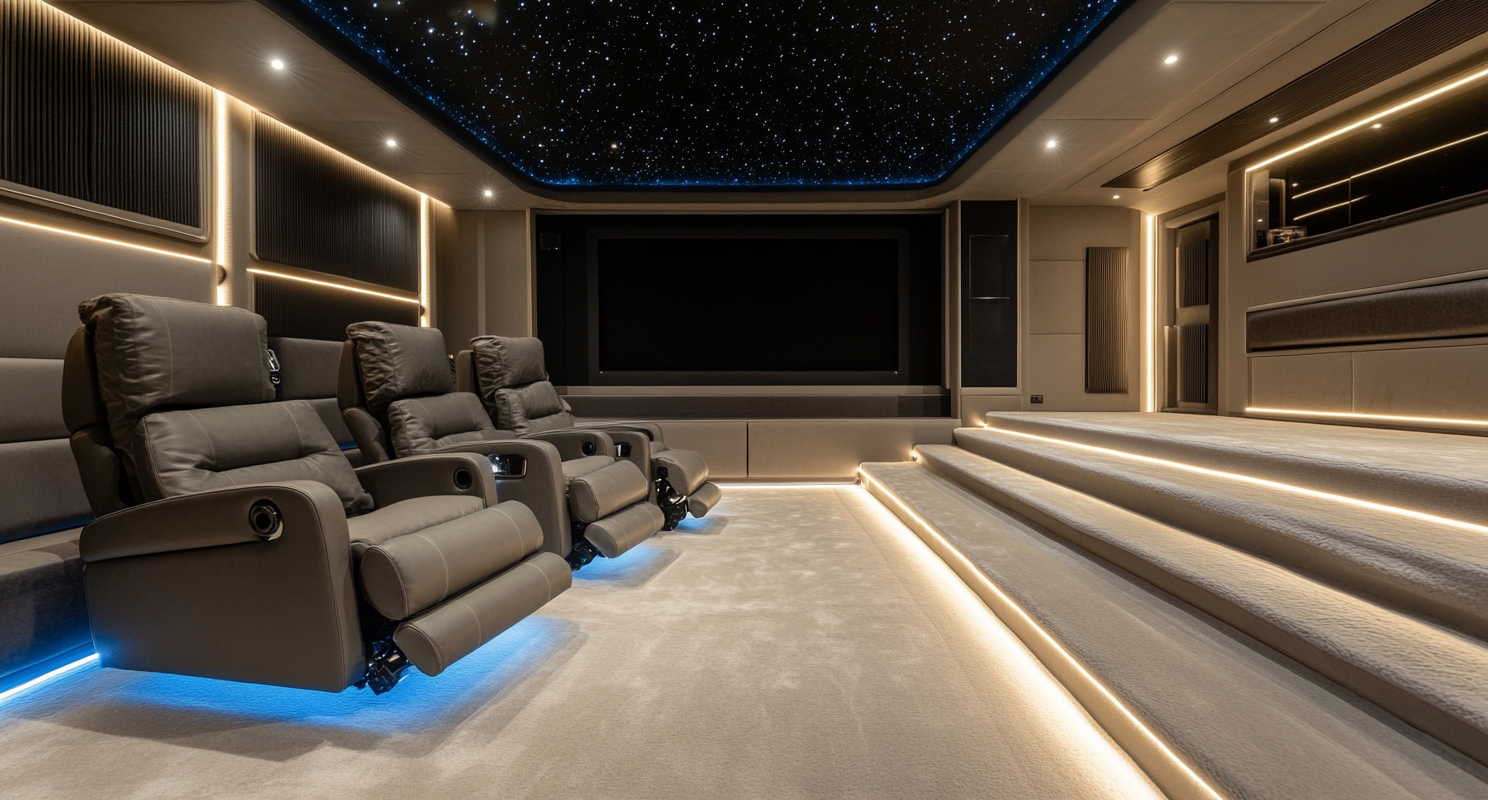 Interior photograph of high-end large home cinema room.