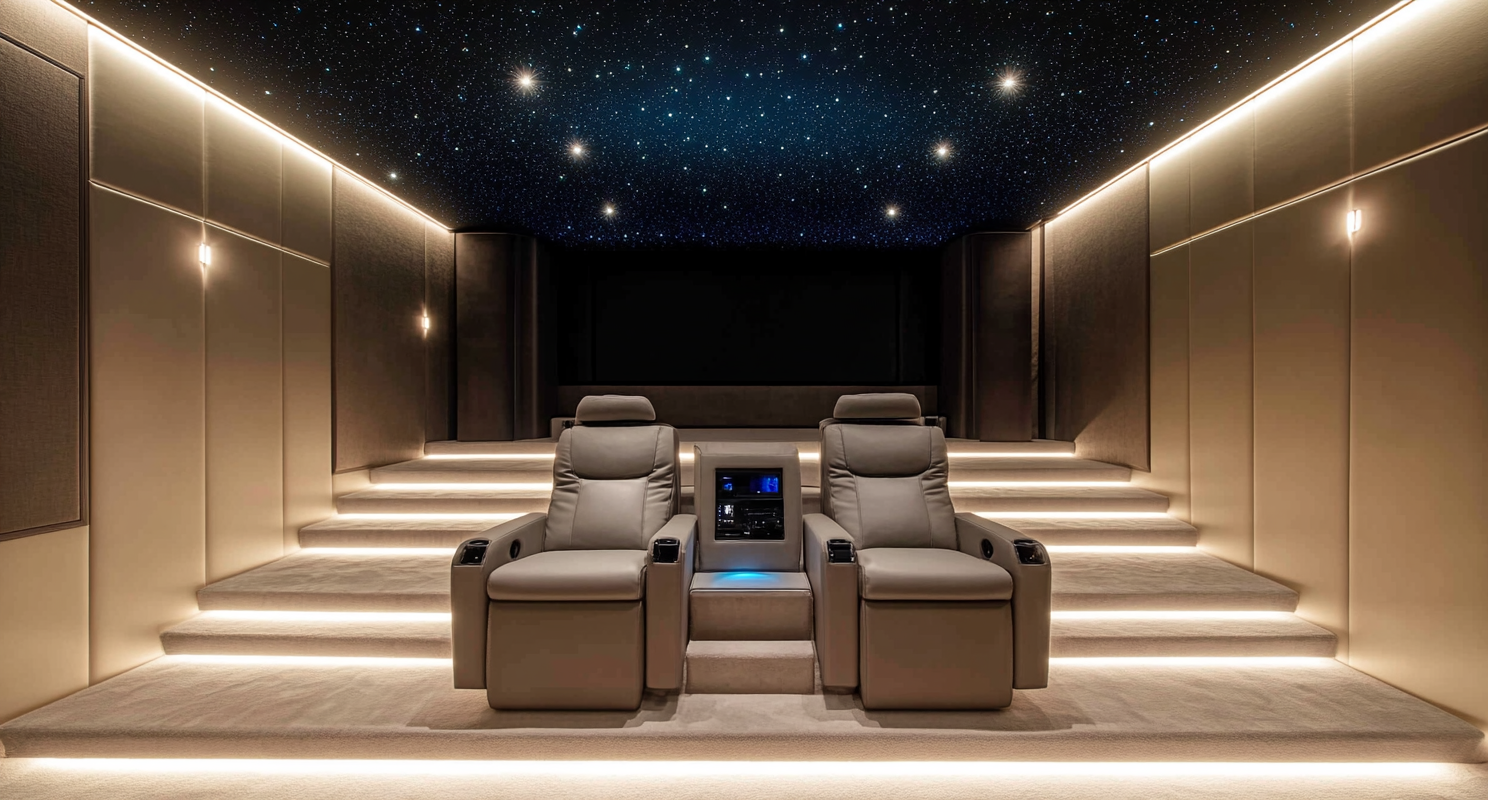 Interior photograph of modern cinema room with black ceiling.