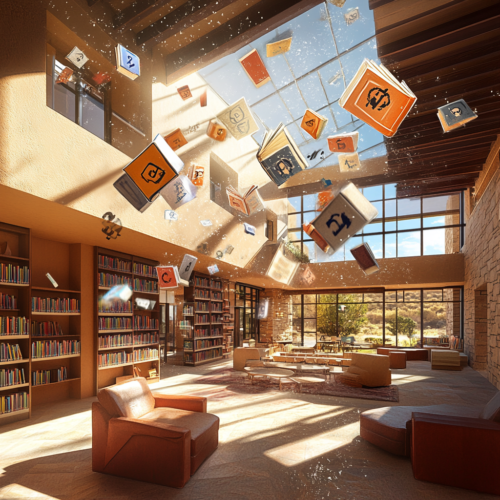 Interior scene of educational center in New Mexico. Dynamic design with warm tones, natural light.