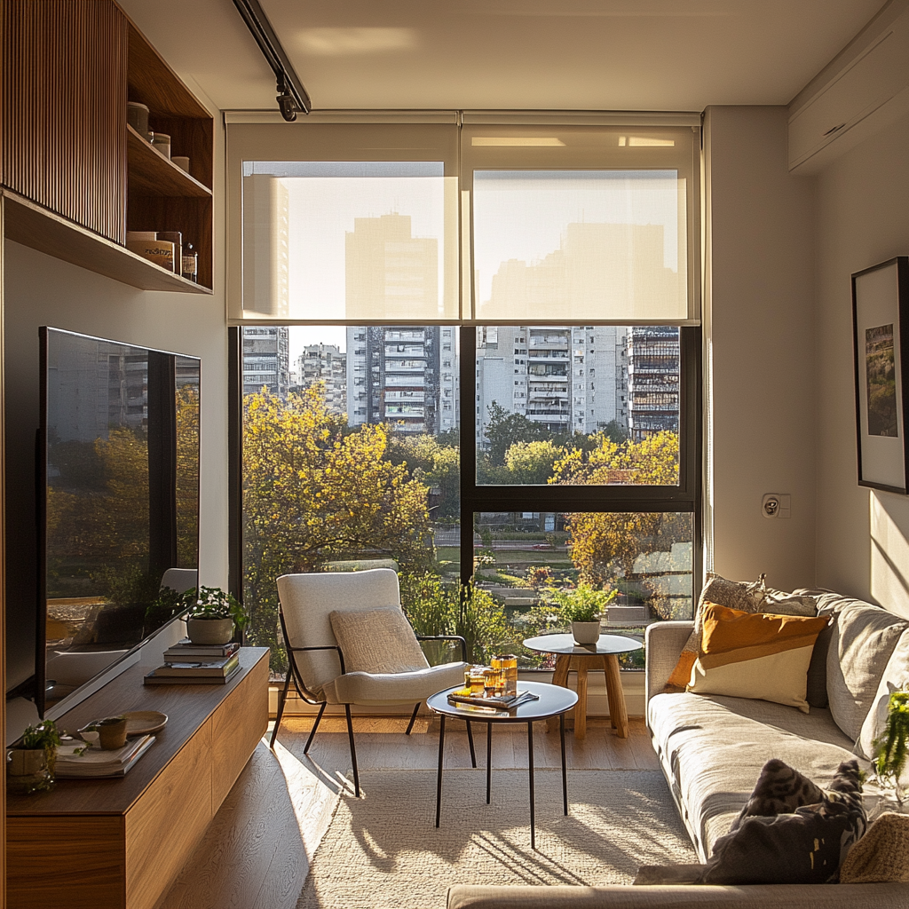 Interior view of an apartment with a garden.