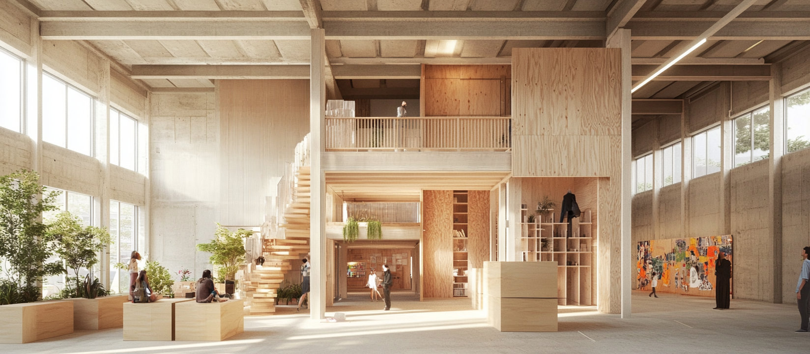 Interior view of wooden building with art installations and plants.