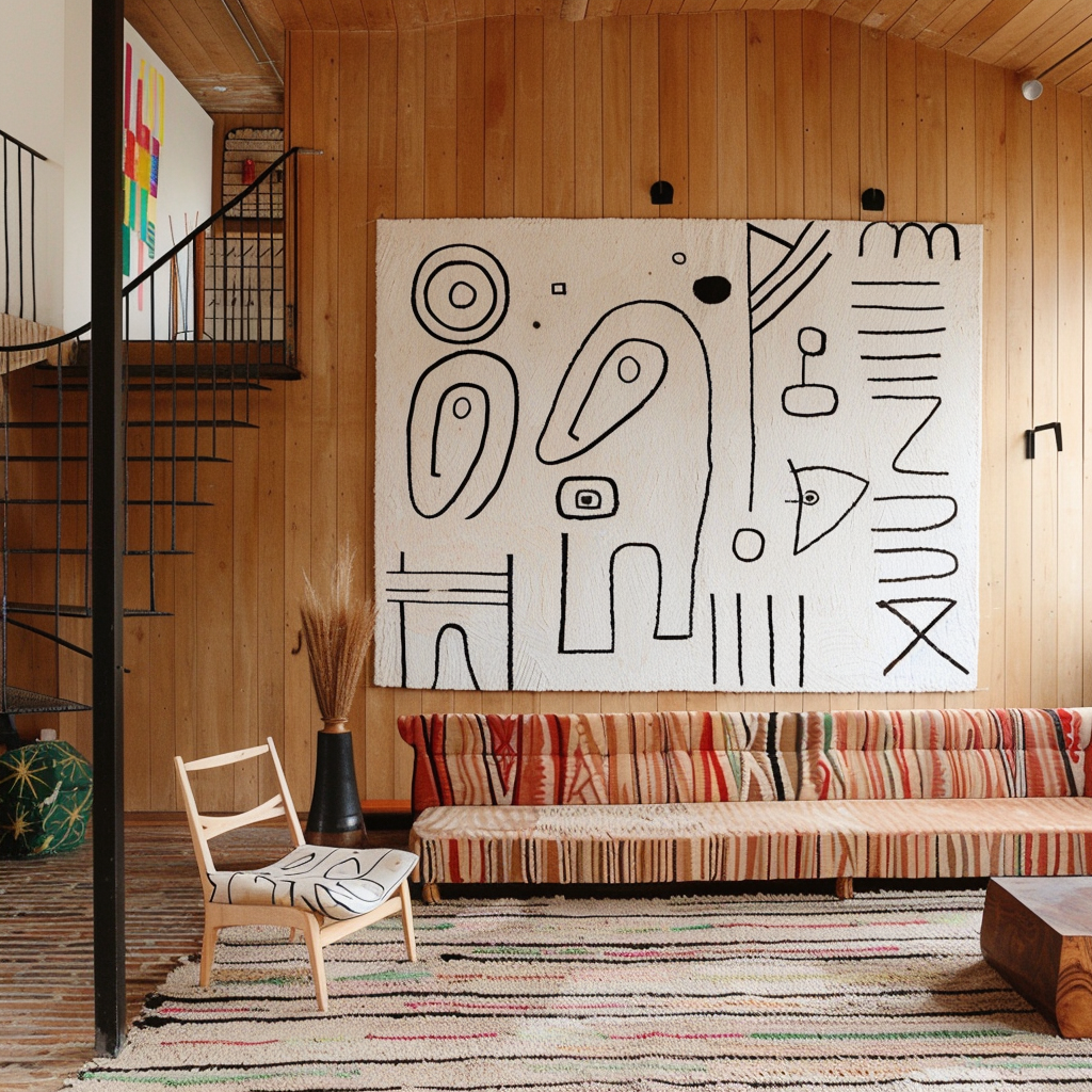 Interior with staircase, couch with stripes, velvet cushions.