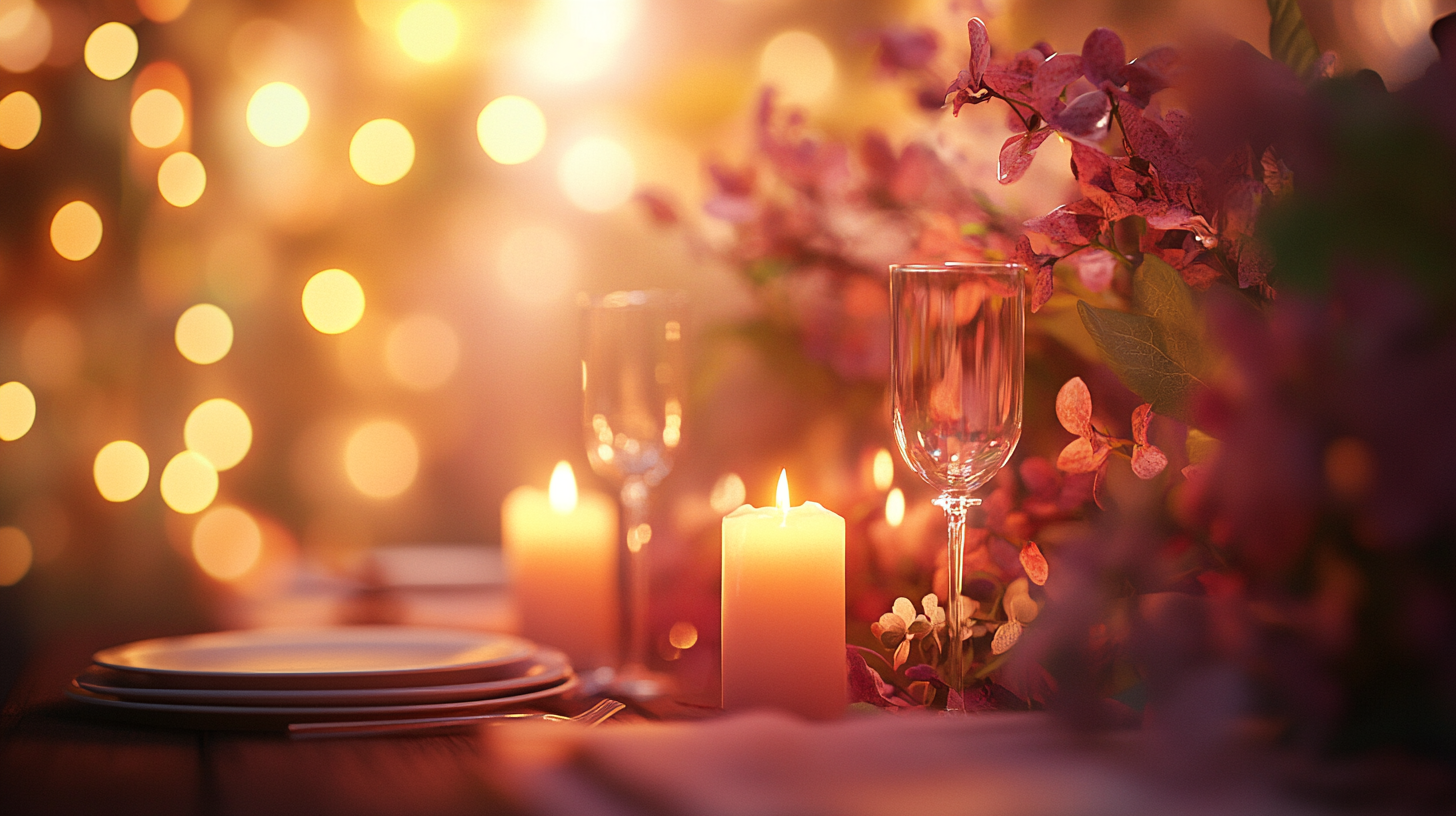 Intimate ambiance with candlelight and subtle floral decor.