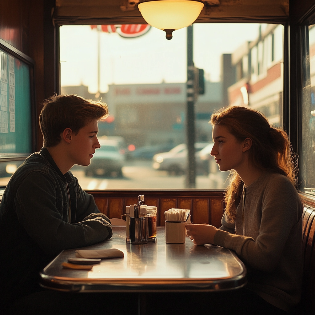 Intimate moment in cozy diner booth, nostalgic lighting