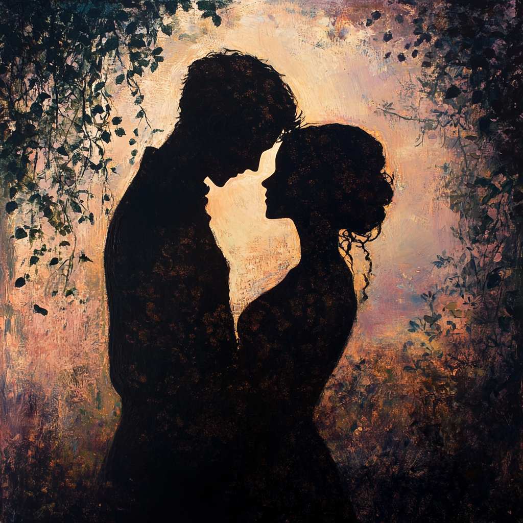 Intimate silhouettes in affectionate pose in romantic environment.