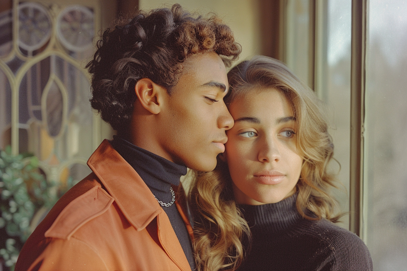 Intimate young couple in profile, gentle expressions, ethereal background.