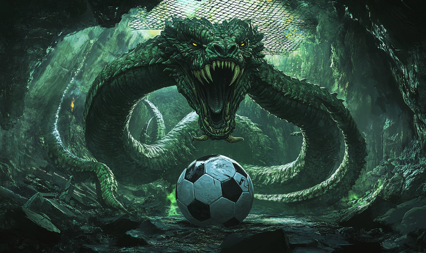 Intimidating Hydra Emerging from Soccer Net Cave